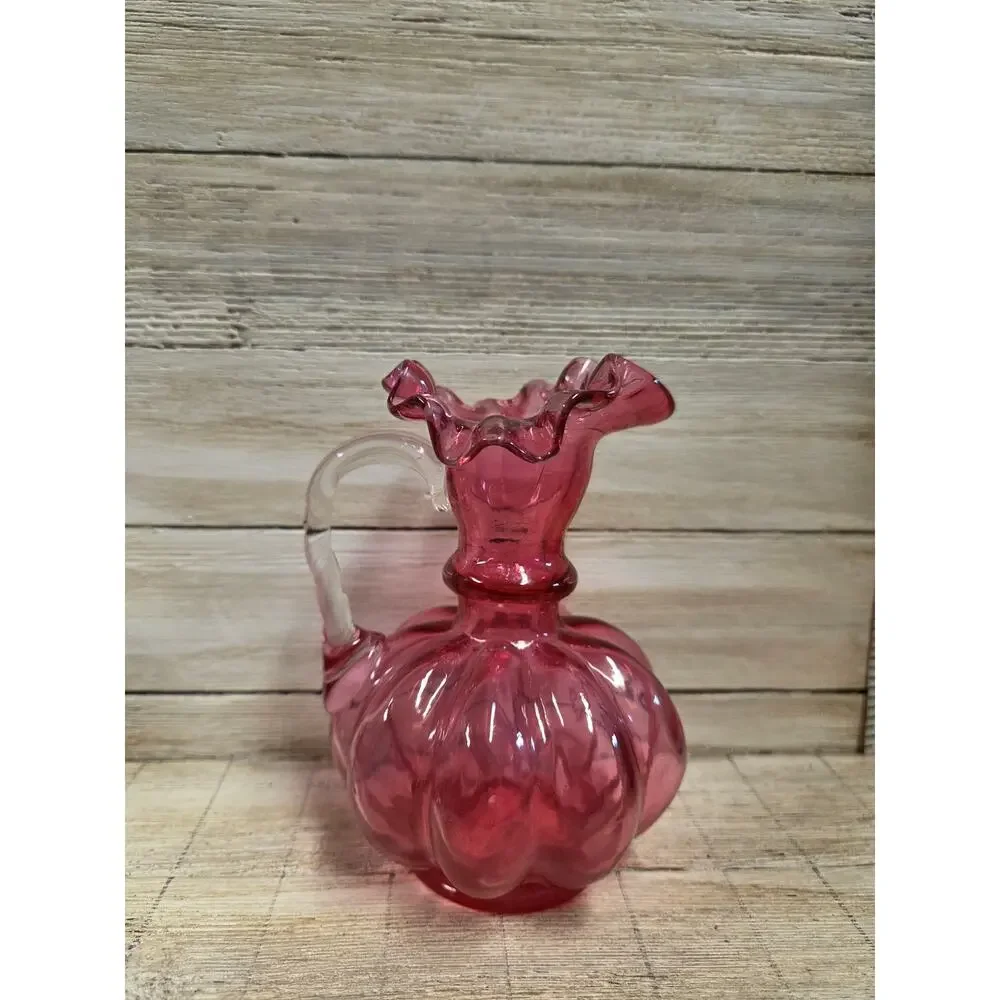 Fenton Cranberry Melon Optic Mini Pitcher Ruffled Rim Applied Clear Handle Vase